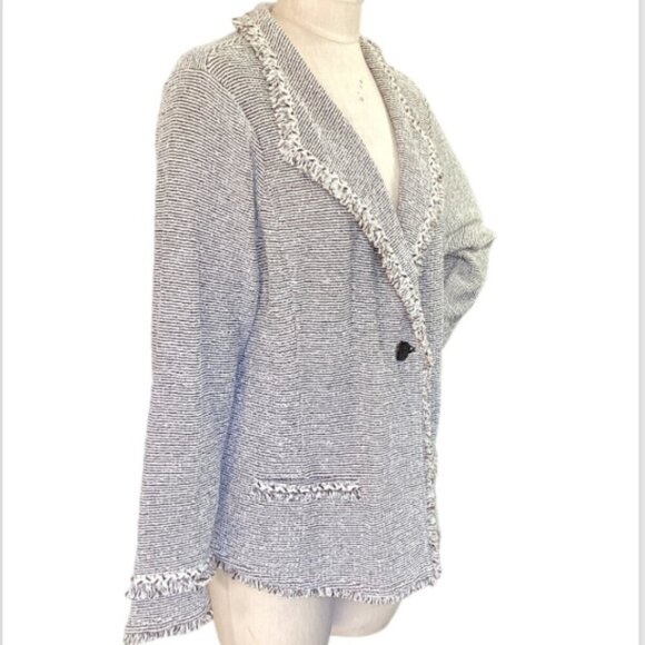 Chico's Tweed Blazer/Cardigan Pockets Fringed 4 (XXL/20-22) Black/Ecru #82i - Picture 4 of 10